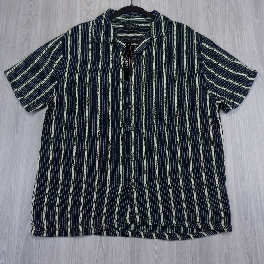 Vox Populi Knit Short Sleeve Shirt Mens L Navy Green Stripe Streetwear NEW